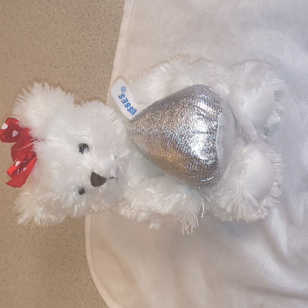 Hershey's Brand White Plush Teddy Bear with Red Bow & Silver Hershey Kiss-NWOT